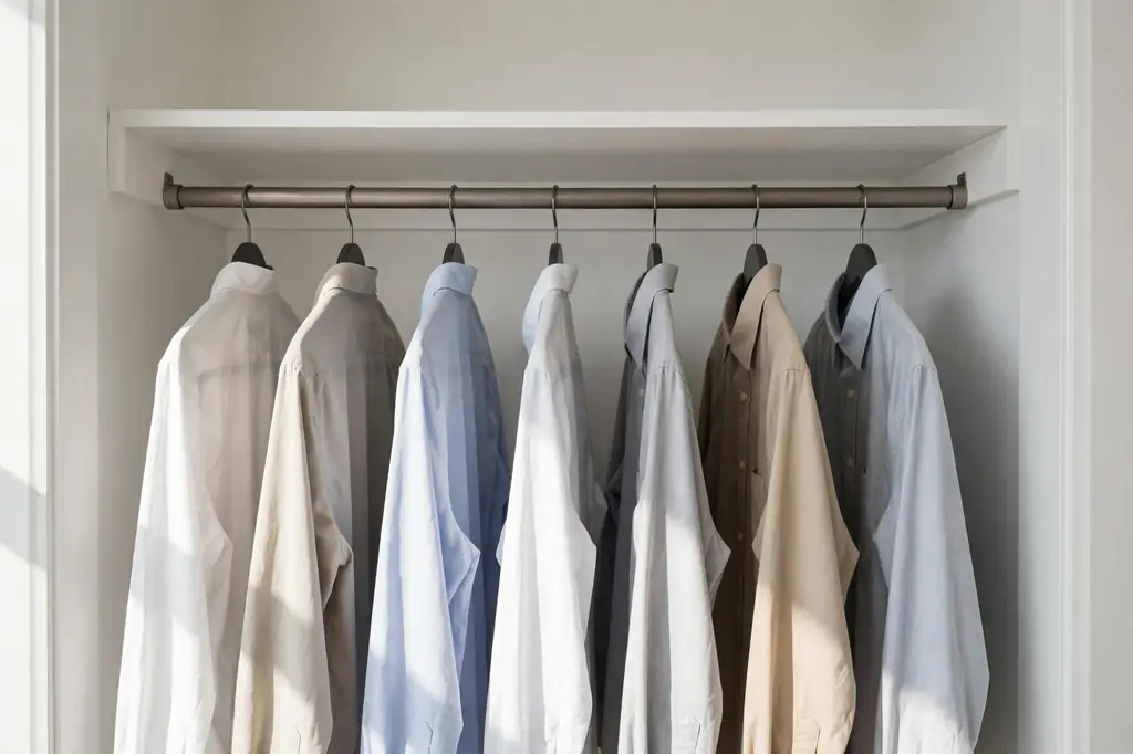 A uniform row of slim dark hangers with shirts hanging evenly on a closet rod.