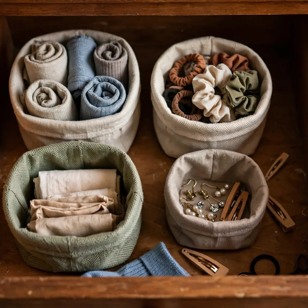 Small fabric baskets organizing items inside a deep dresser drawer