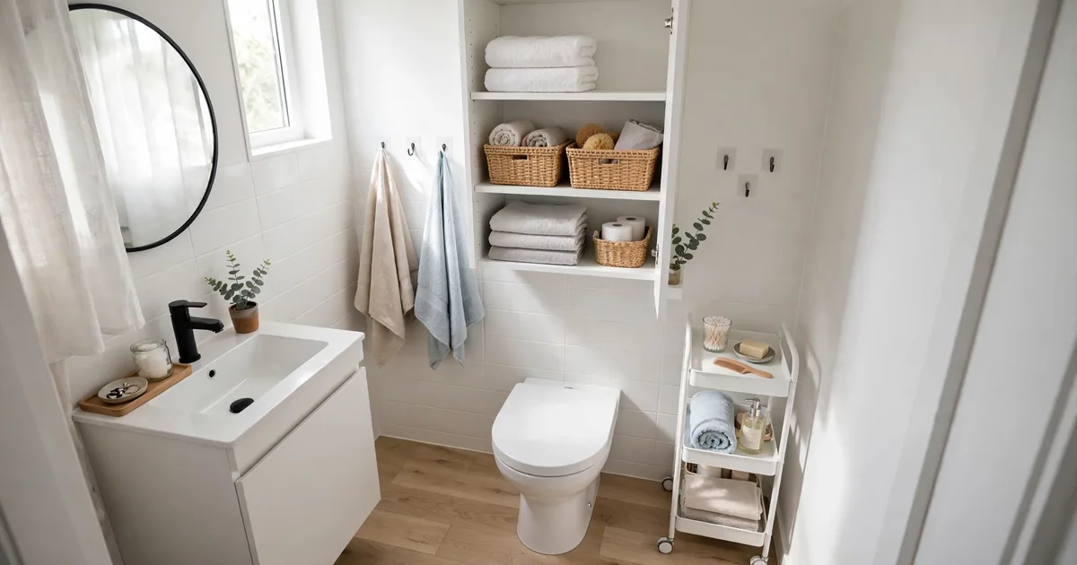 Small bathroom with smart storage ideas: over-toilet shelves, rolling cart, and wall hooks