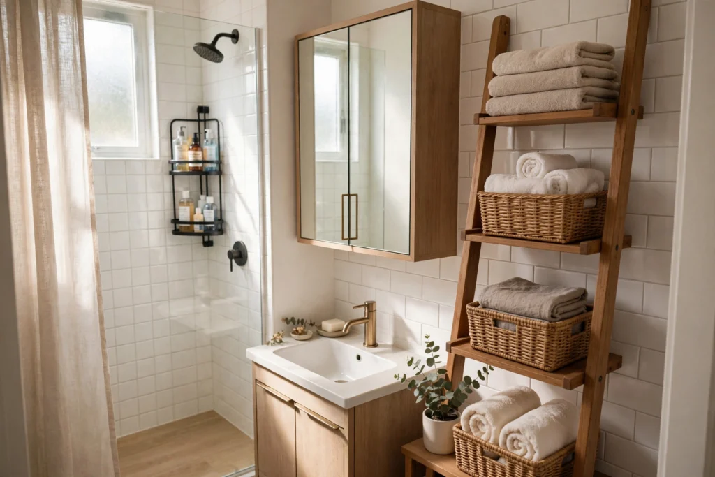 Small bathroom with ladder shelf, wall cabinet, and baskets maximizing vertical storage