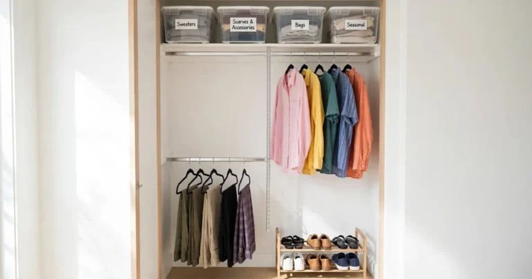Small closet organization ideas: organized reach-in closet with double hanging rods, slim velvet hangers, and labeled bins on the top shelf
