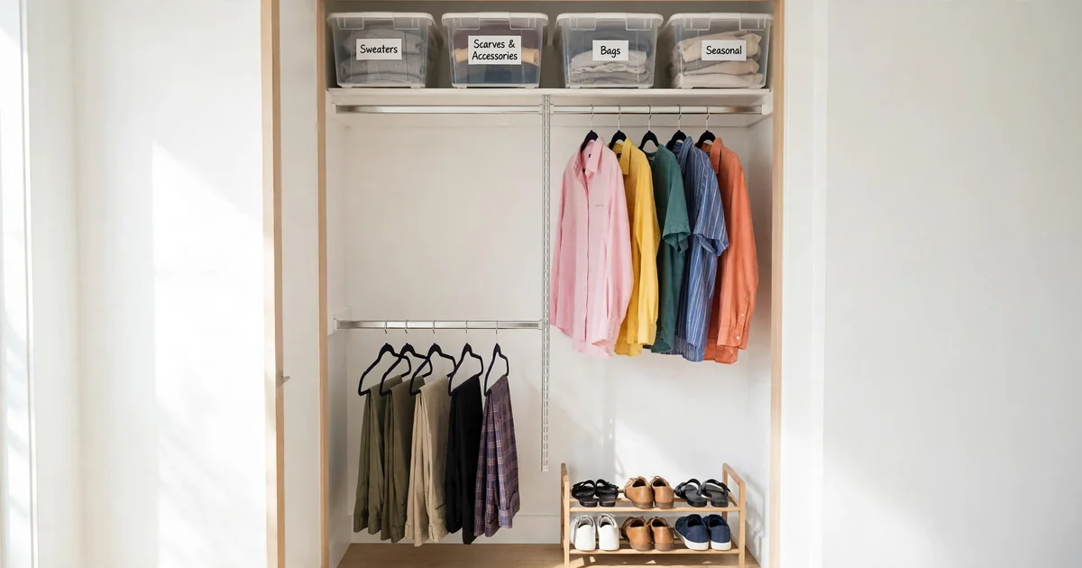 Small closet organization ideas: organized reach-in closet with double hanging rods, slim velvet hangers, and labeled bins on the top shelf