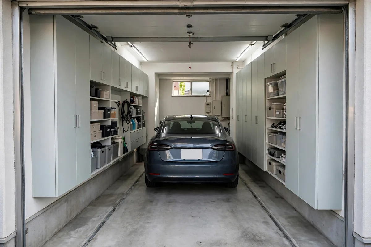Car parked in a narrow garage with slim wall cabinets leaving a clear walkway