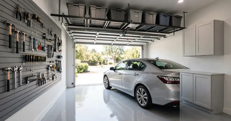 Small garage storage ideas: organized garage with a parked car, overhead racks, and a tool wall