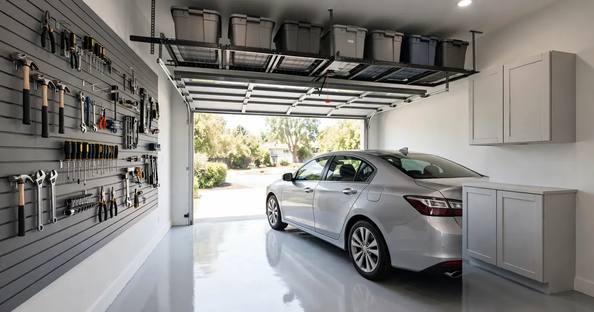 Small garage storage ideas: organized garage with a parked car, overhead racks, and a tool wall