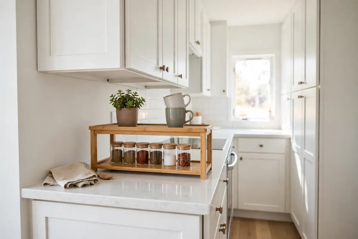 Small kitchen with clear organized counters and a riser shelf, showing small kitchen countertop organization ideas