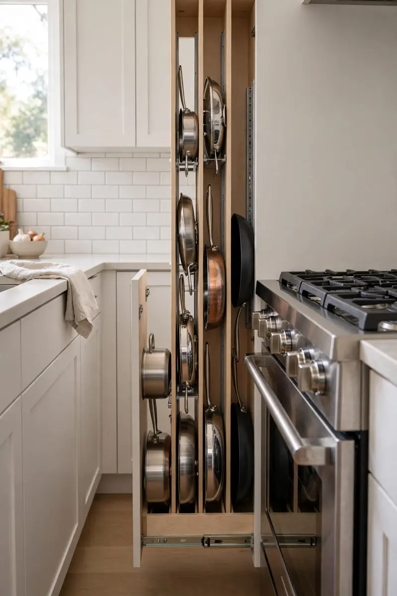 Narrow pull-out cabinet beside a stove holding pots and pans vertically in a small kitchen
