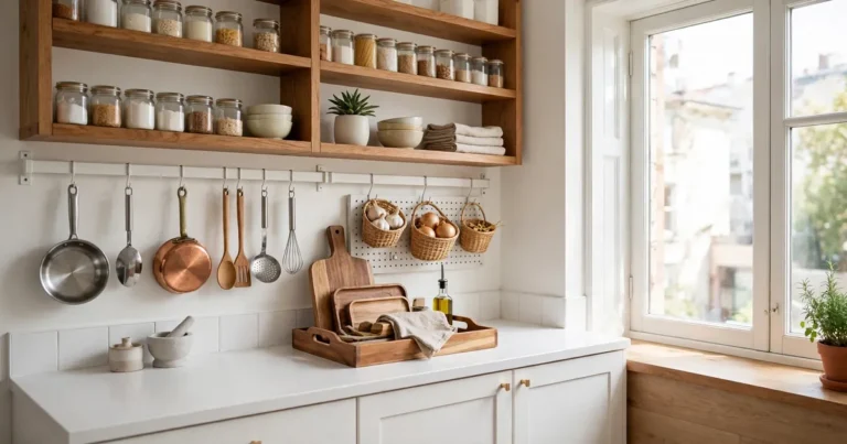 Tiny kitchen with vertical wall storage: rail with hanging utensils, pegboard, and organized open shelves