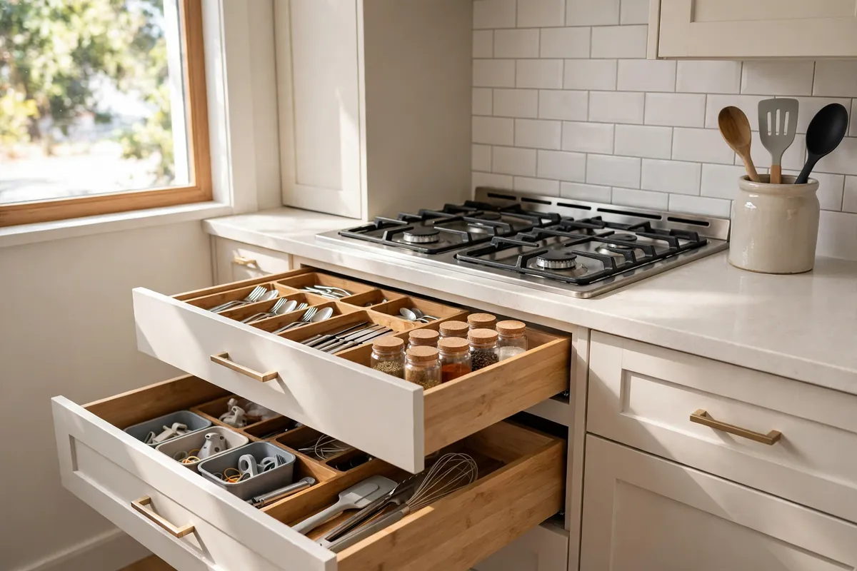 Small kitchen with two drawers using layered inserts and a countertop utensil crock