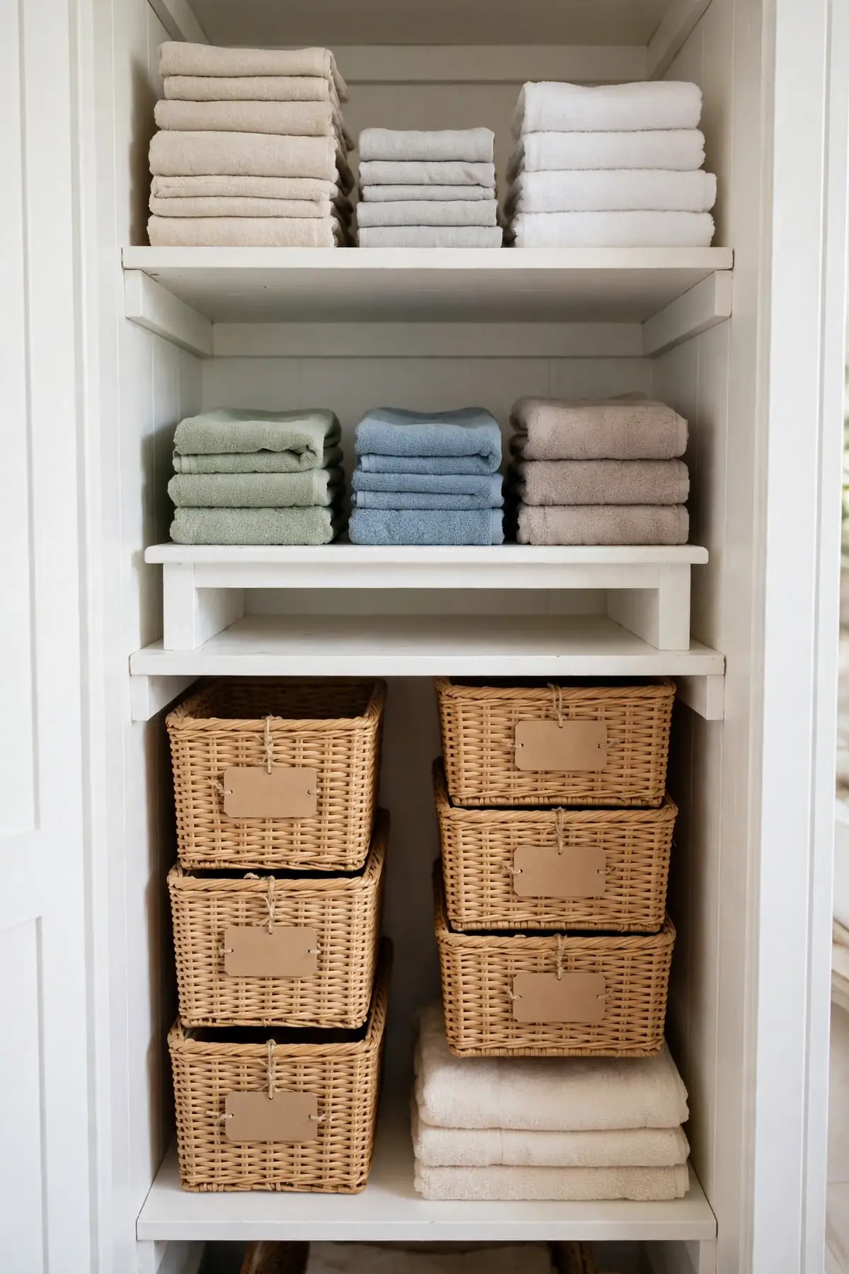 A narrow linen closet with vertically stacked towels and labeled bins using every inch of height