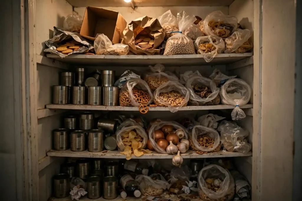 Cluttered small pantry with crowded shelves before organizing