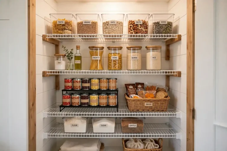 Pantry organization ideas for small pantries: labeled bins, jars, and tiered can riser