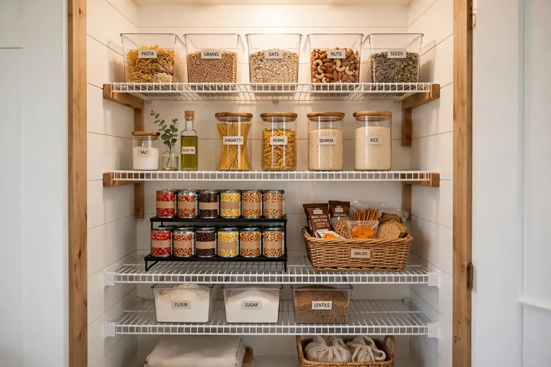 Pantry organization ideas for small pantries: labeled bins, jars, and tiered can riser