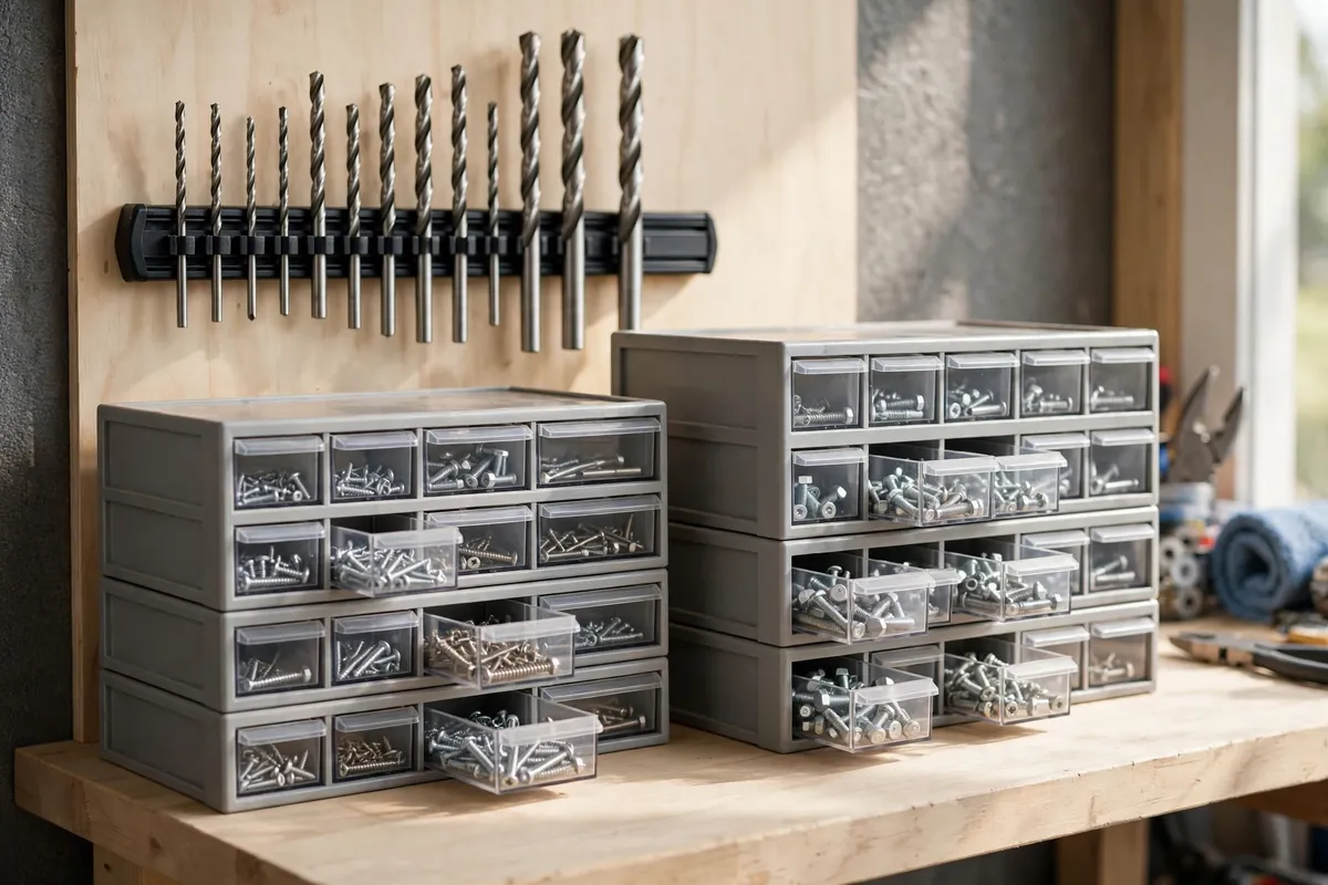 Small-parts organizer drawers and a magnetic strip holding screws and drill bits in a garage.