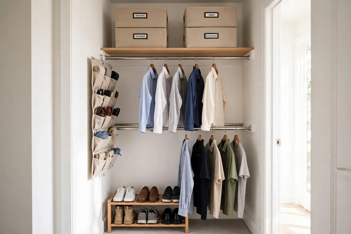 Small reach-in closet with one shelf organized using bins, hanging organizers, and a double rod.