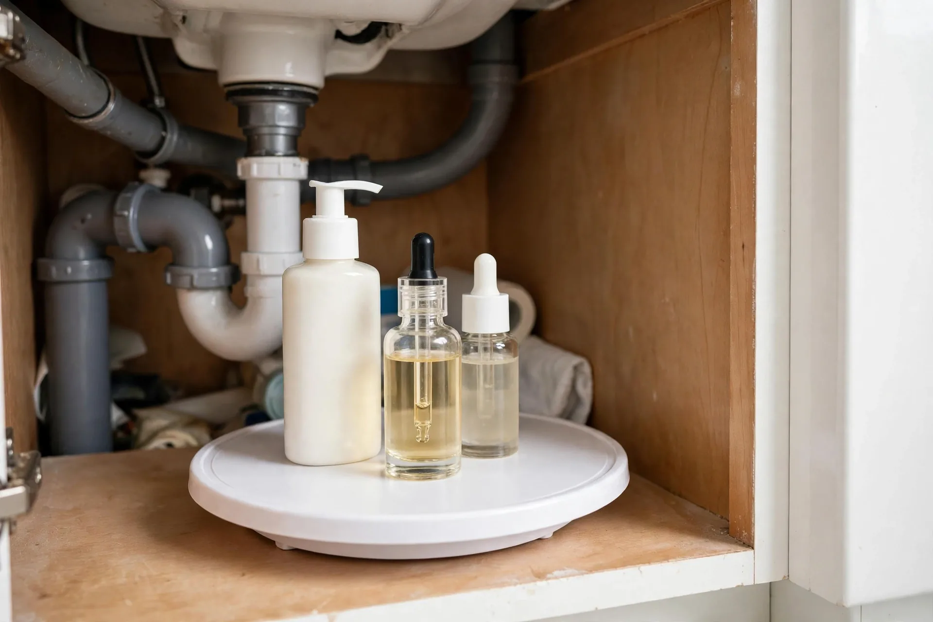Small turntable with lotion bottles in the corner of an under-sink cabinet