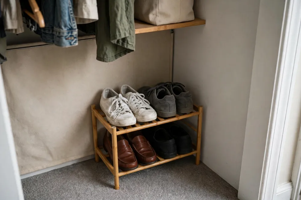 Very small 2-tier bamboo shoe rack in a tiny closet corner with daily shoes