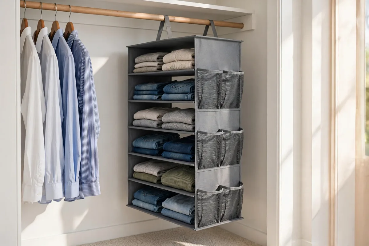 Gray fabric 6-tier hanging closet organizer with folded clothes in a small reach-in closet.