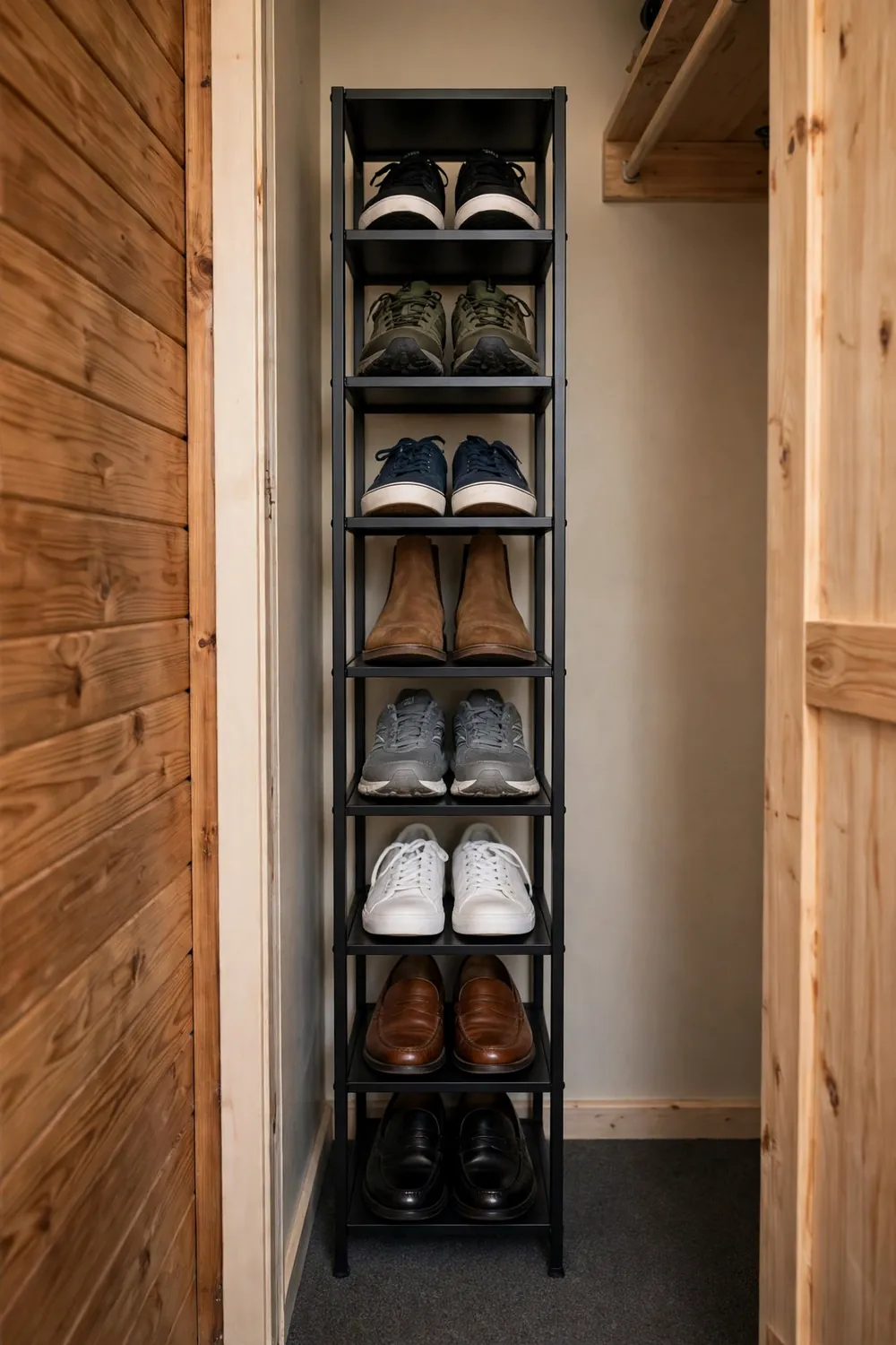 Tall narrow 8-tier shoe tower in a small closet floor gap with shoes on each tier