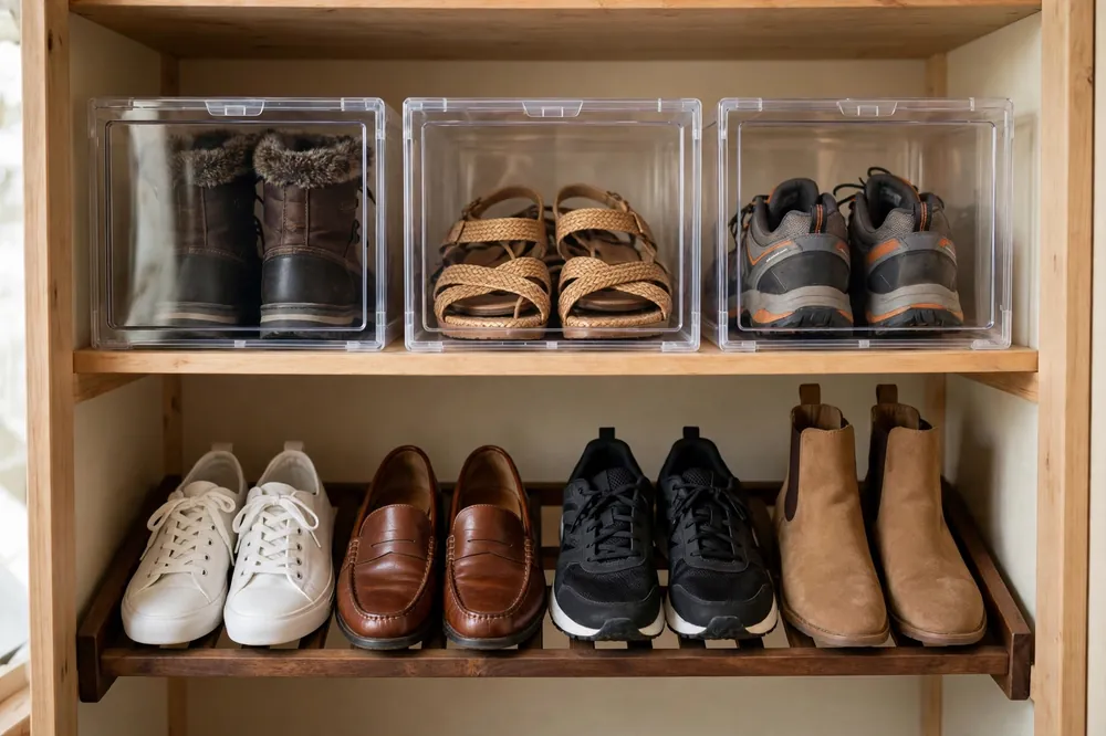 Daily shoes on a rack and seasonal shoes in clear boxes on a top closet shelf