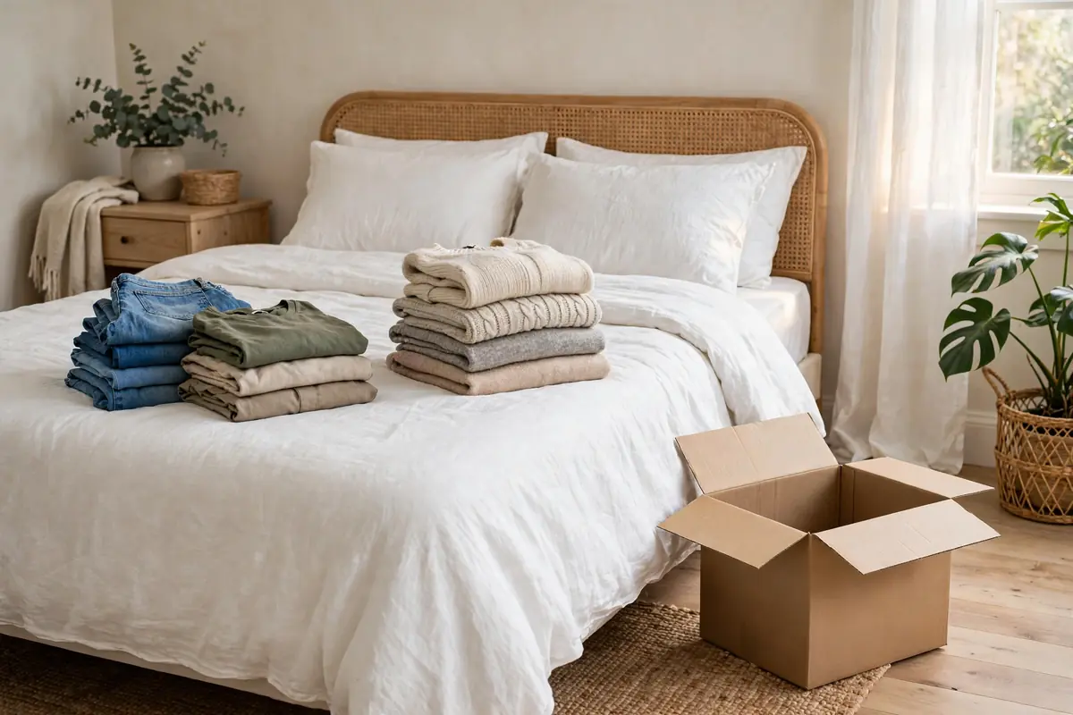 Sorting clothes into keep and donate piles on a bed during a fall closet cleanout
