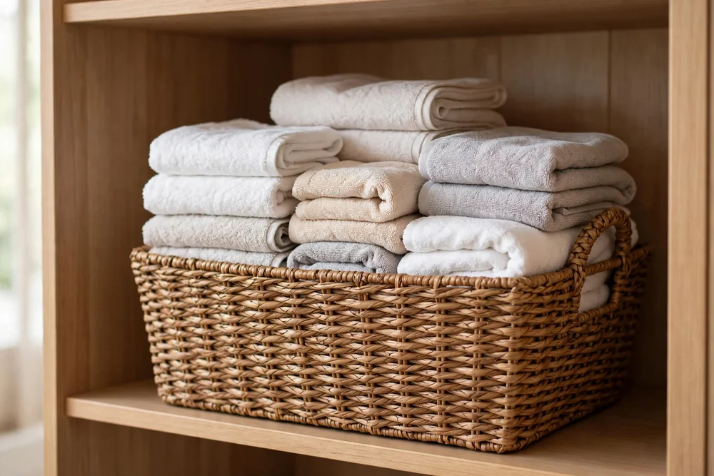 Woven basket of clean folded spare towels on a bedroom closet shelf