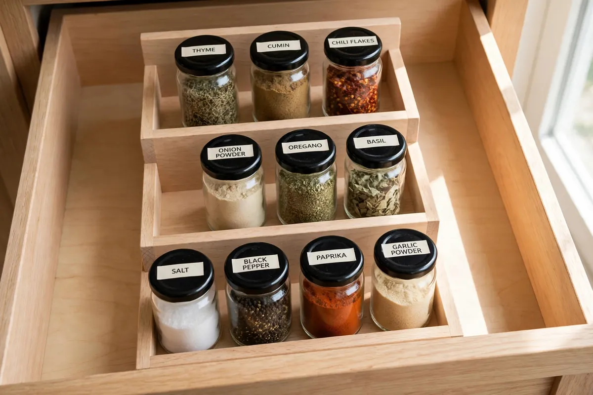 Spice drawer with angled tiered insert holding uniform labeled jars readable at a glance