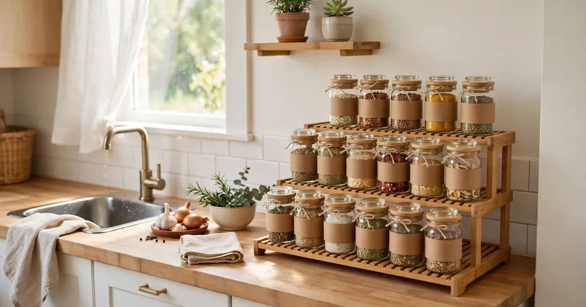 Organized spice jars on a tiered rack in a small bright kitchen