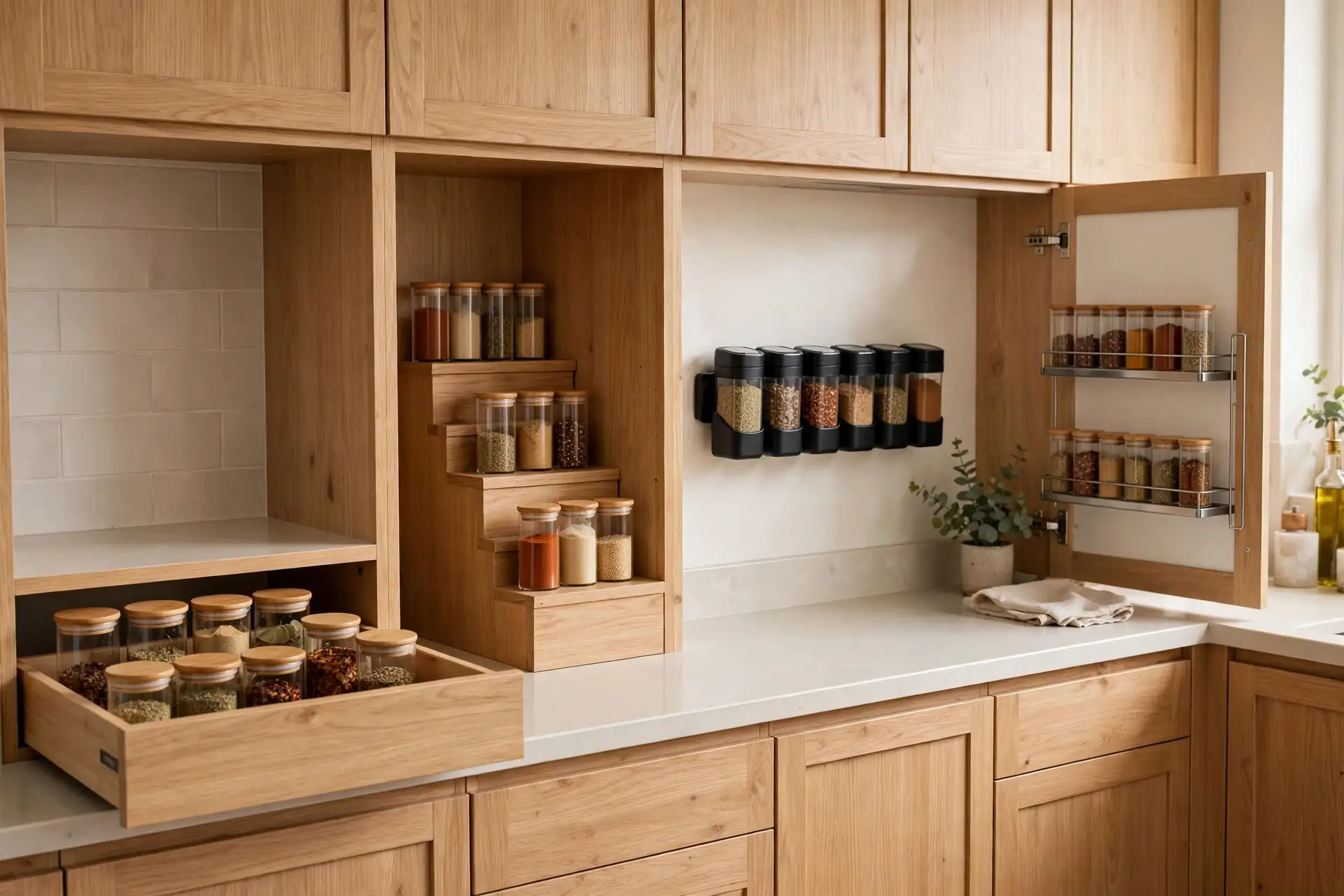 Four spice storage zones in a small kitchen: drawer, cabinet, wall, and door