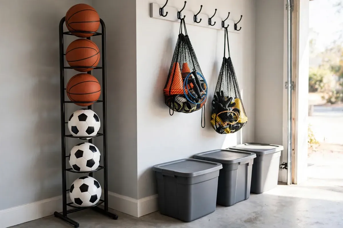Vertical ball rack and mesh bags organizing sports gear in a garage corner.