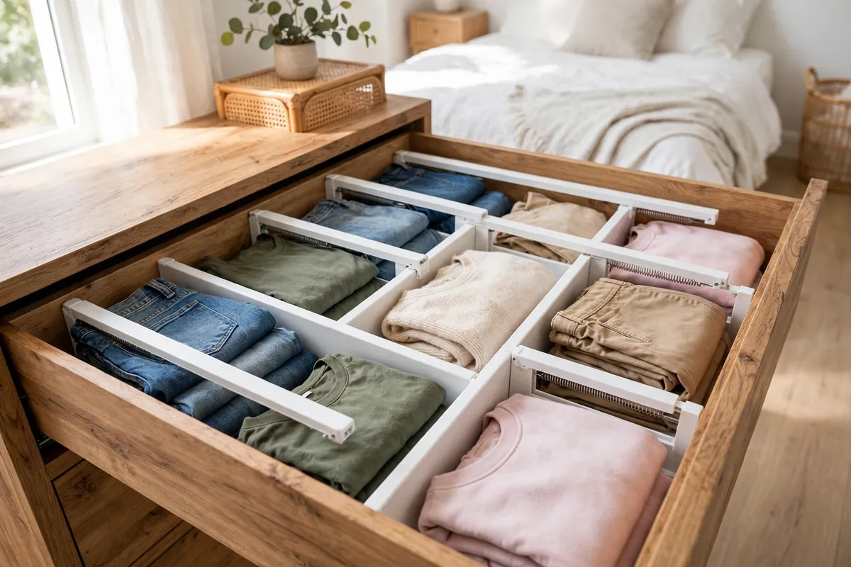 Spring-loaded drawer dividers installed in a wide dresser drawer