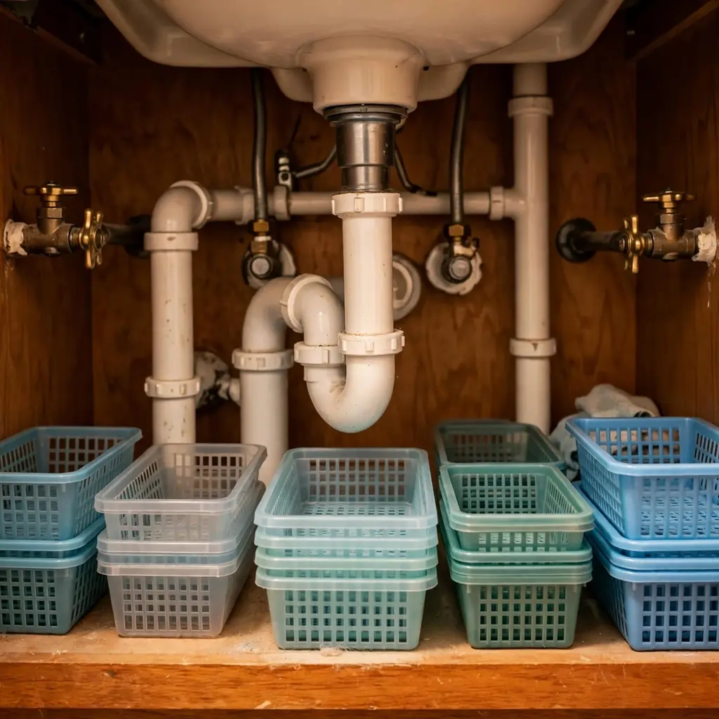 Small stackable plastic baskets organized under a bathroom sink around pipes