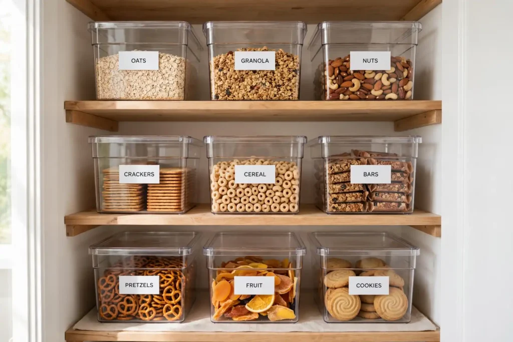 Stackable clear bins with labels grouped by use in a small pantry