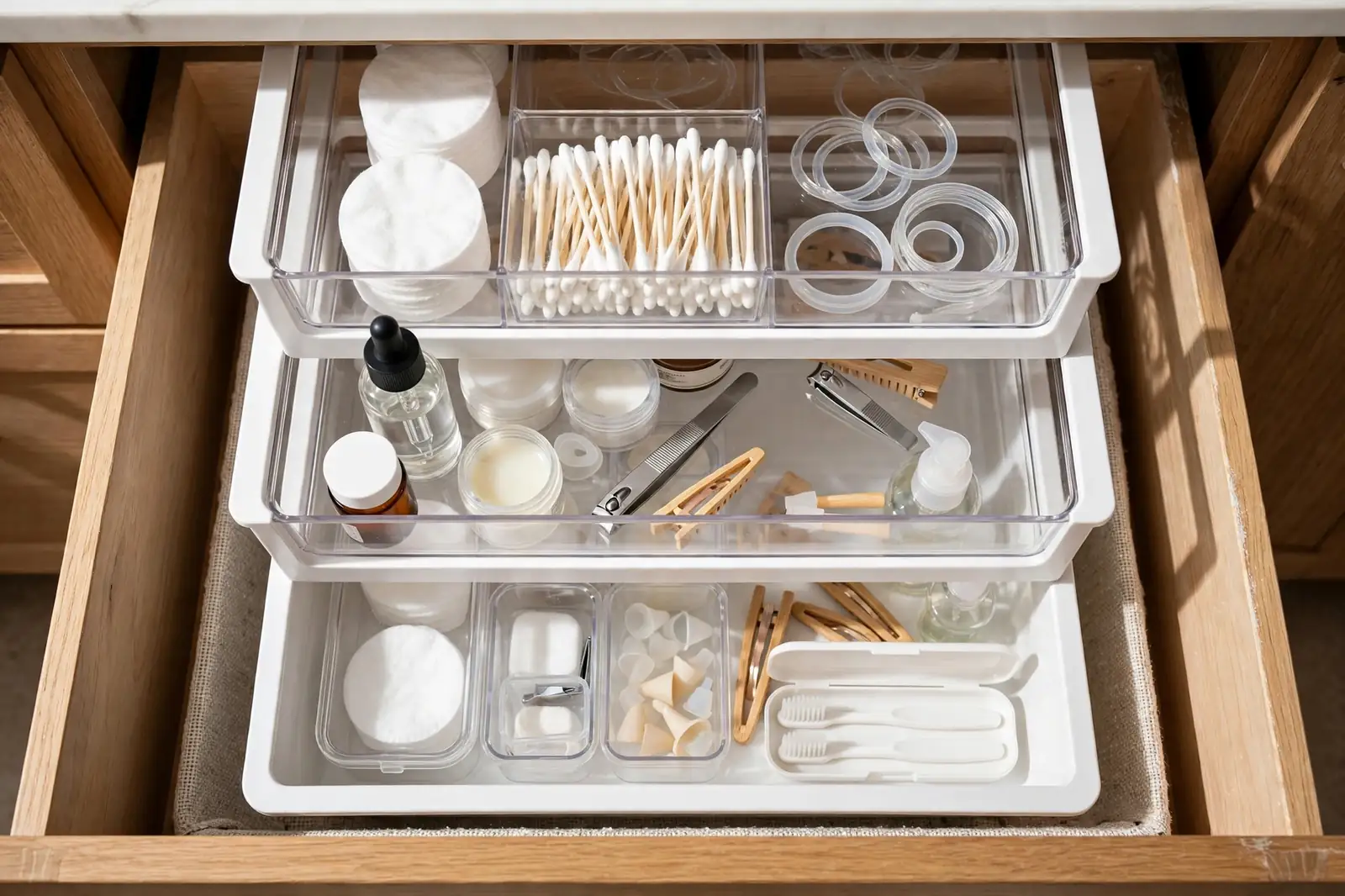 Stackable drawer trays holding toiletries in a deep bathroom drawer.