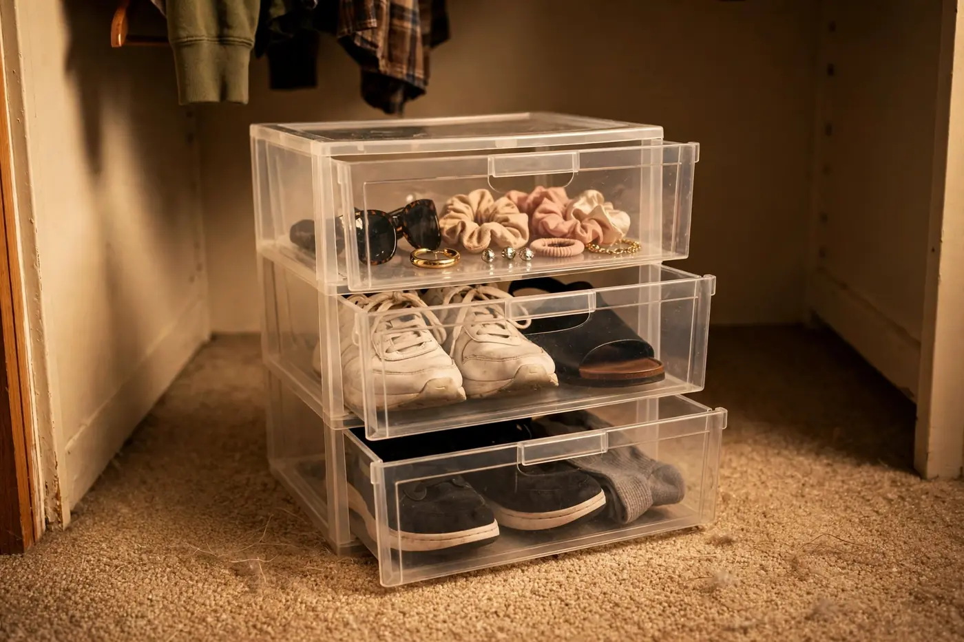 Stackable plastic drawers on a dorm closet floor for shoes and accessories