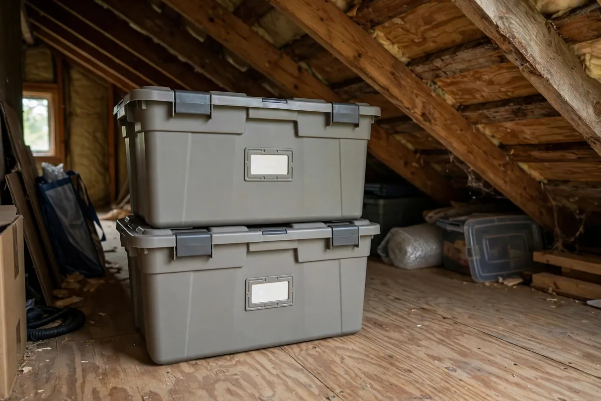 Short wide stackable totes with lids stacked two high under a sloped attic roof.
