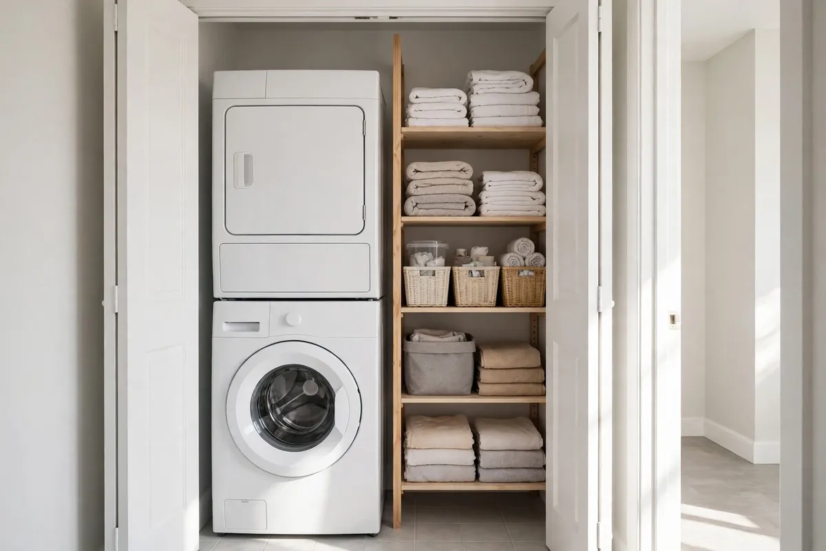 Stacked washer and dryer inside a small laundry closet with tall side shelving