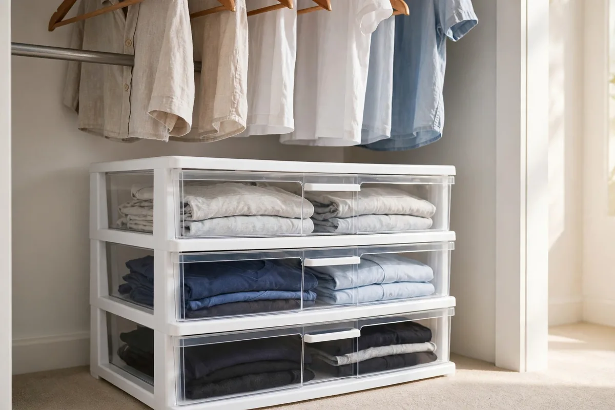 Stackable drawers under short hanging shirts in a small closet.