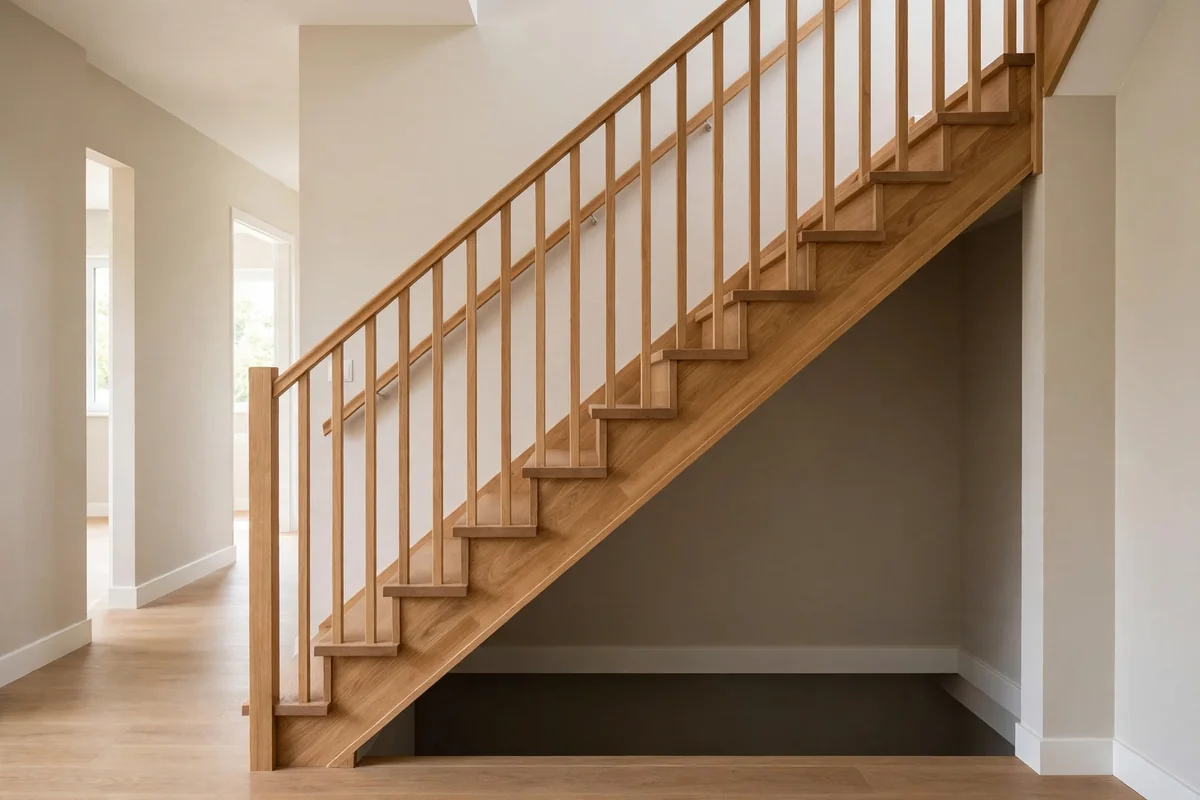 Straight wooden staircase viewed from the side showing the open space beneath