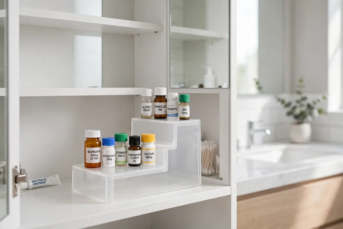 Stair-step riser with small medicine bottles on two levels inside a cabinet