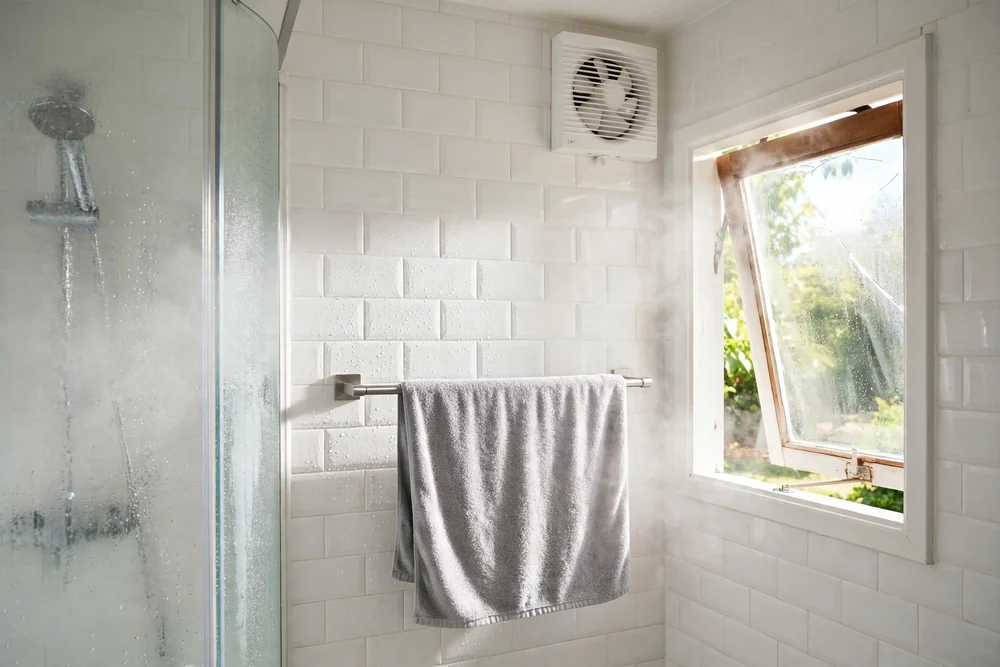 Bathroom towel drying on a bar after a shower with an exhaust fan vent nearby
