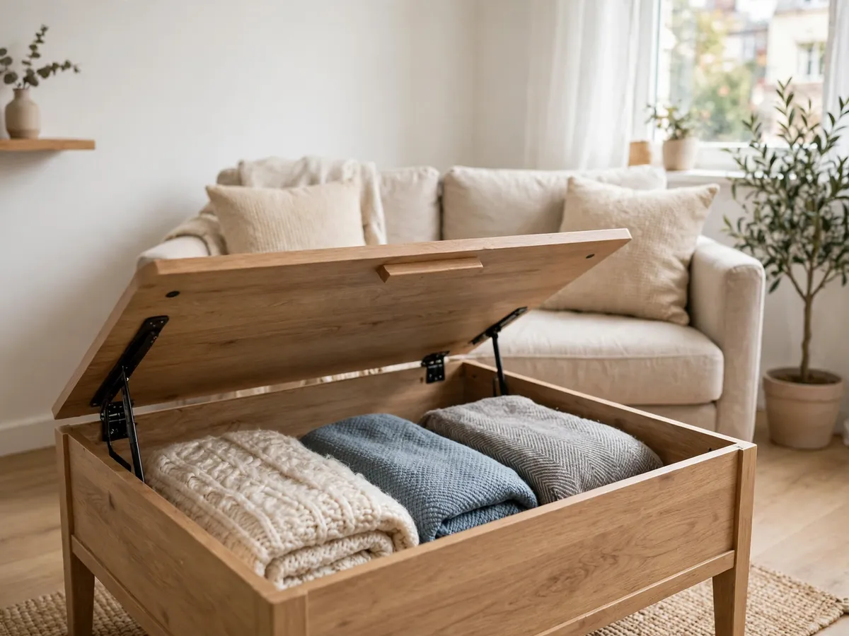 Lift-top storage coffee table with blankets stored inside