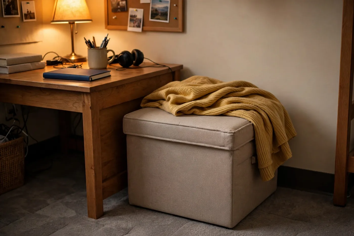 Storage ottoman tucked under a dorm desk, doubling as seating