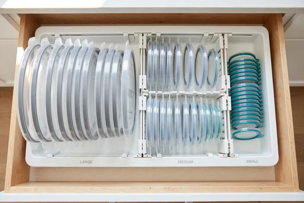 Adjustable plastic lid organizer with dividers in a deep kitchen drawer, lids sorted by size