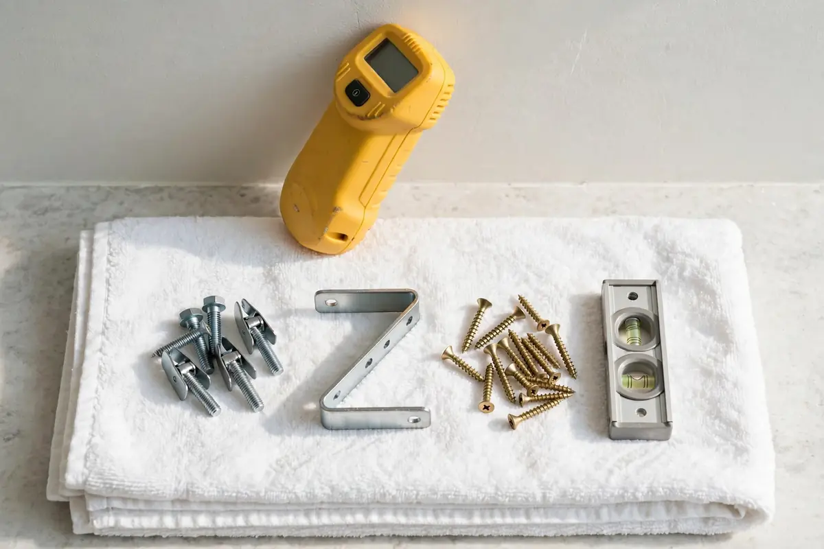 A hand holding a stud finder against a bathroom wall next to toggle bolts and screws laid out on a towel