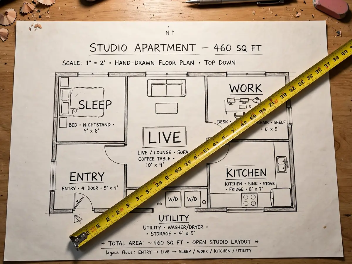 Hand-drawn studio apartment floor plan with six storage zones mapped out