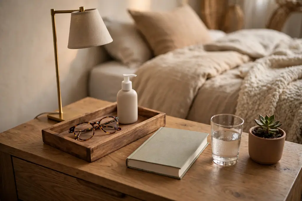 Styled nightstand top with brass lamp, tray, book, water, and plant