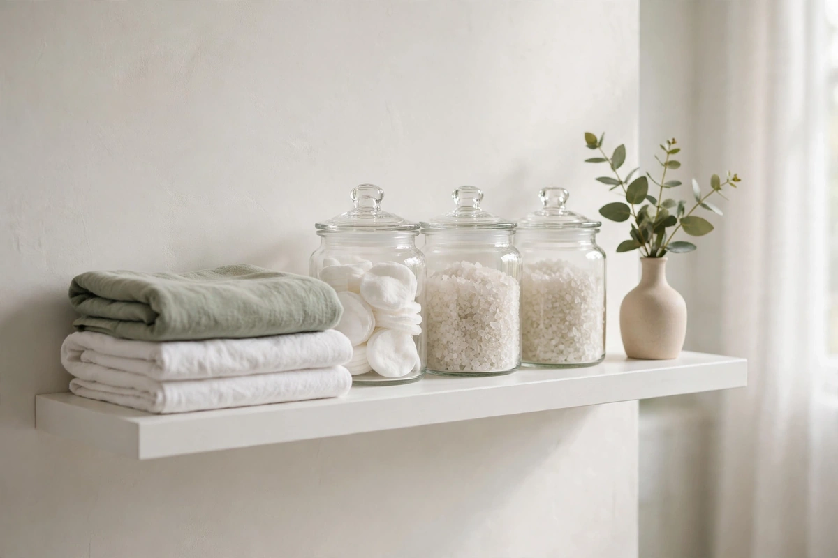 Styled open bathroom shelves with folded towels and matching glass jars