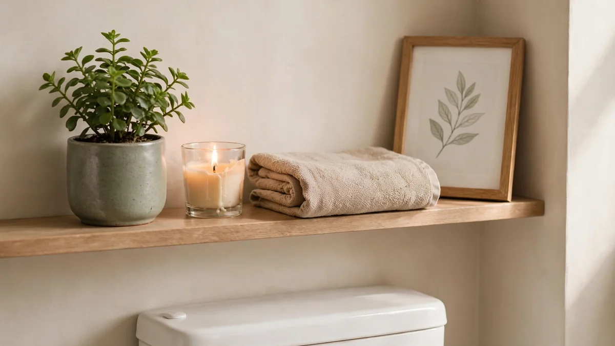 Styled over toilet shelf vignette with a small plant, candle, and folded hand towel