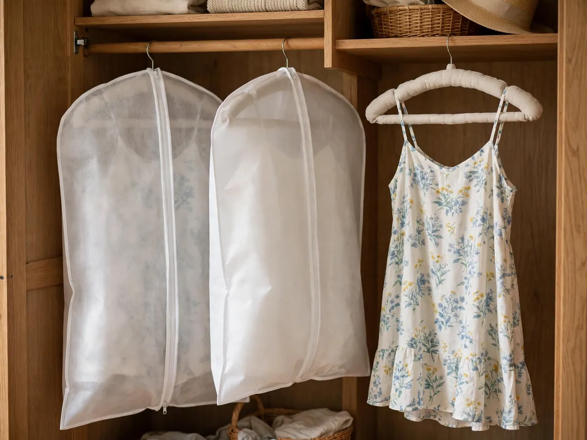 Summer dresses on padded hangers with breathable garment bags in a closet